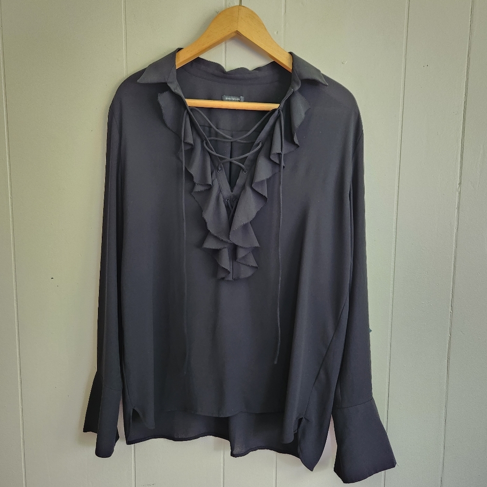 3/$15 Ann Taylor blouse frill ruffle laceup lace up flip up cuffs long sleeves M